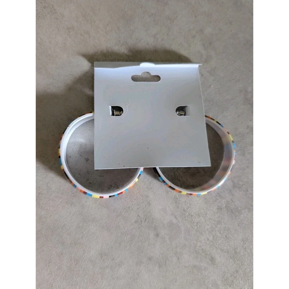 Vintage Multi Colored Striped Plastic Tapered Open Ended Hoop Pierced Earrings